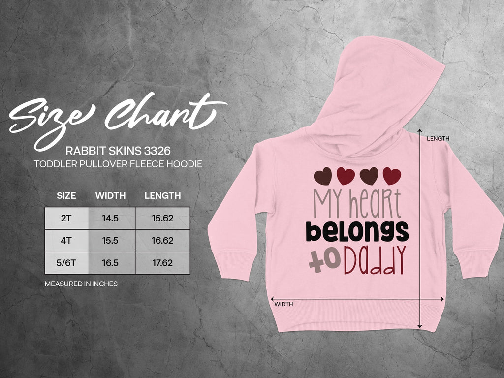 Light pink toddler hoodie with a size chart showing dimensions in inches for sizes 2T to 5/6T.