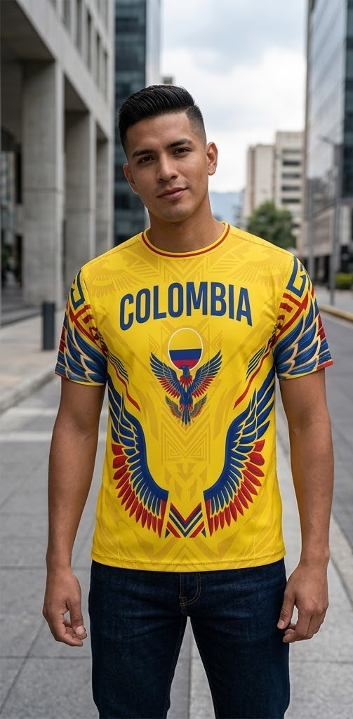 Camiseta Colombia Premium con Diseño de Cóndor Tricolor y Arte Precolombino