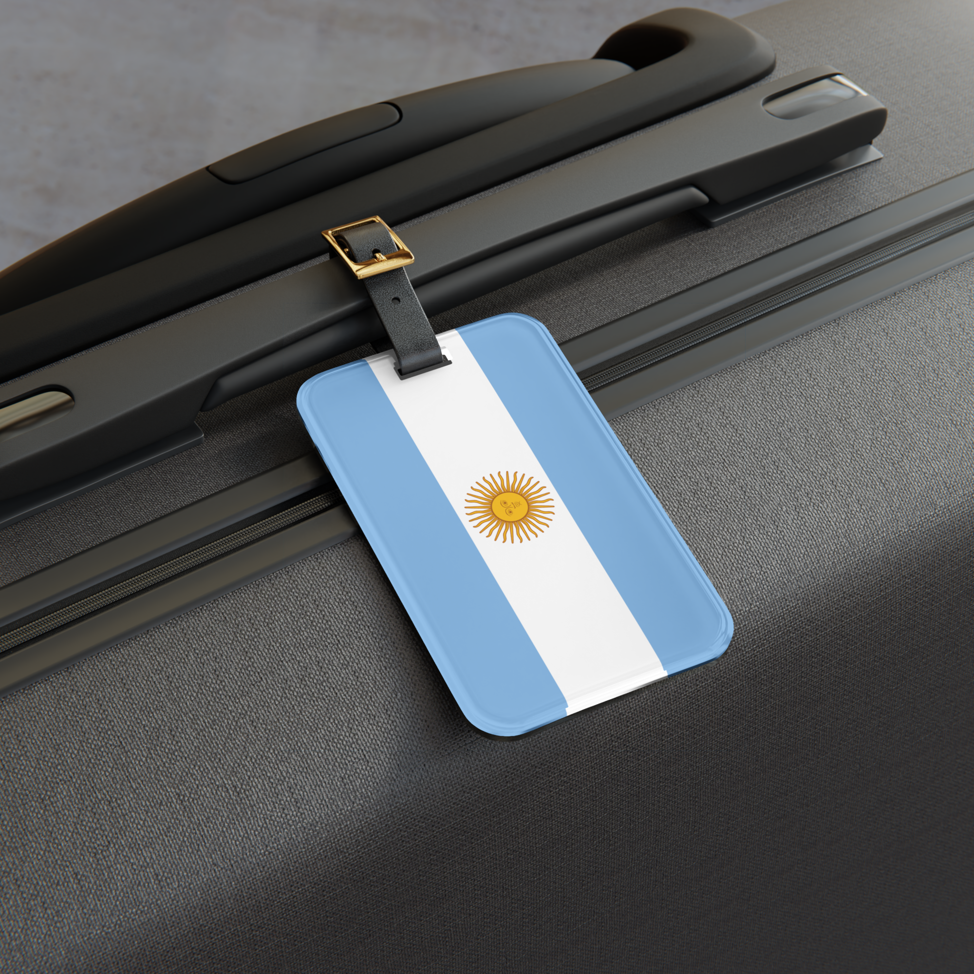 Etiqueta de equipaje Argentina y correa de cuero