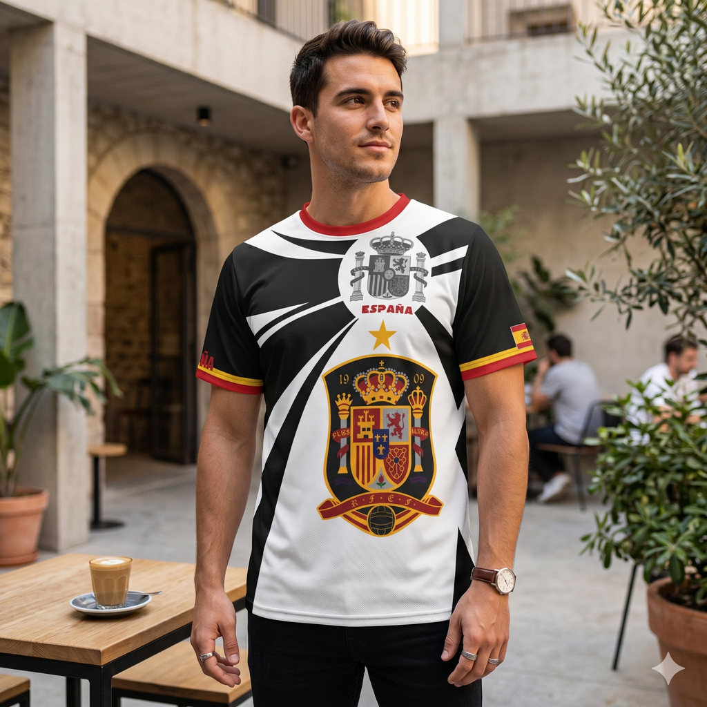 Camiseta España  BlanquiNegra con escudo y texto Spain en diseño deportivo