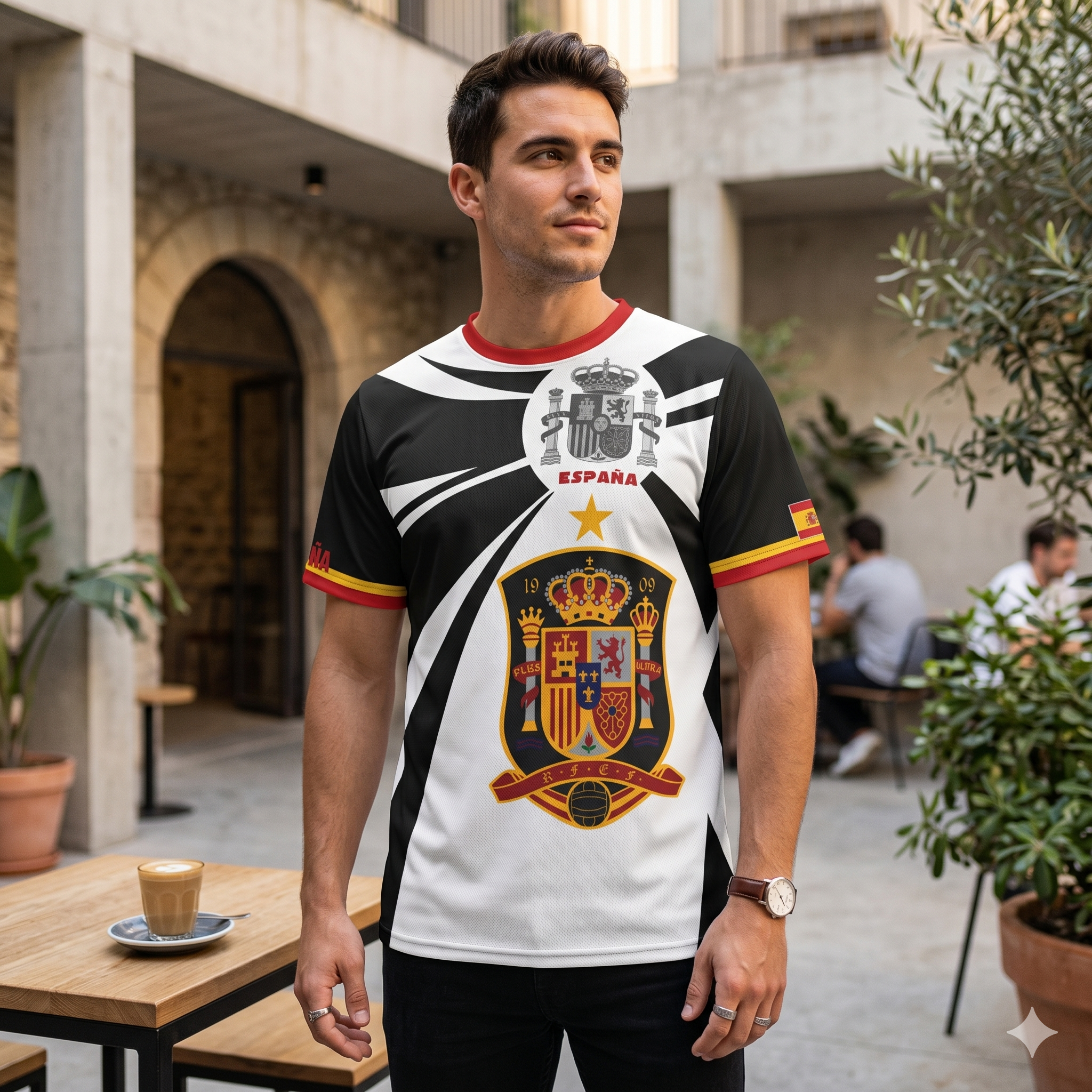 Camiseta España  BlanquiNegra con escudo y texto Spain en diseño deportivo