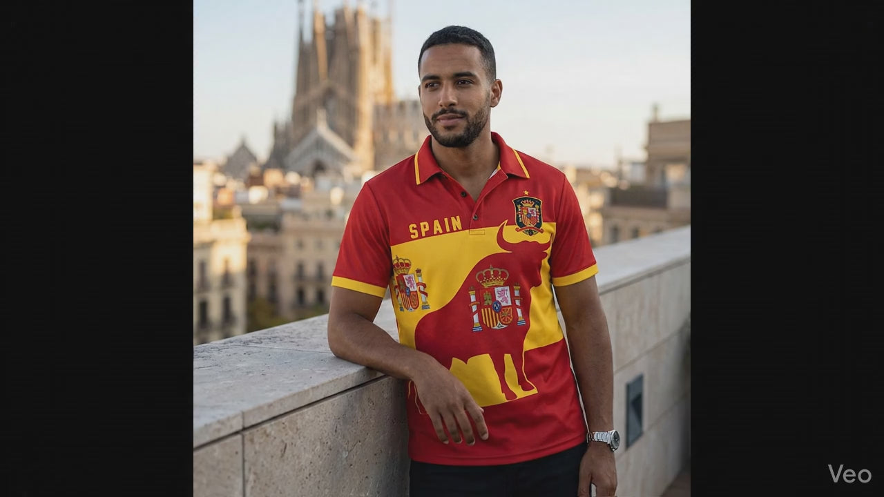 Camisa Tipo Polo de España con Diseño de Toro y Escudo Real Premium