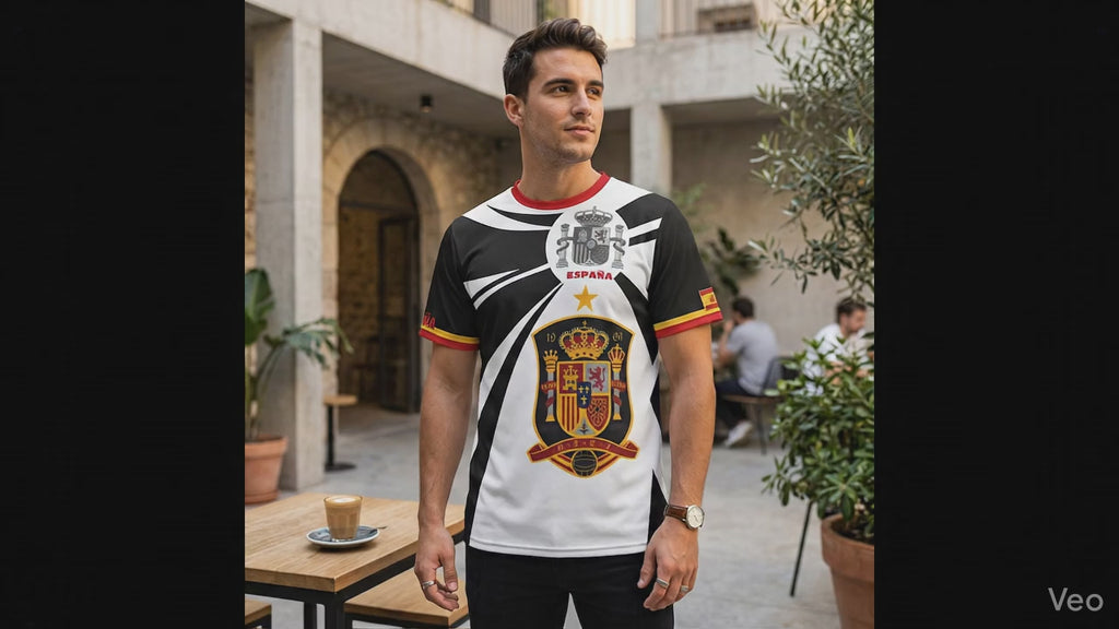 Camiseta España  BlanquiNegra con escudo y texto Spain en diseño deportivo
