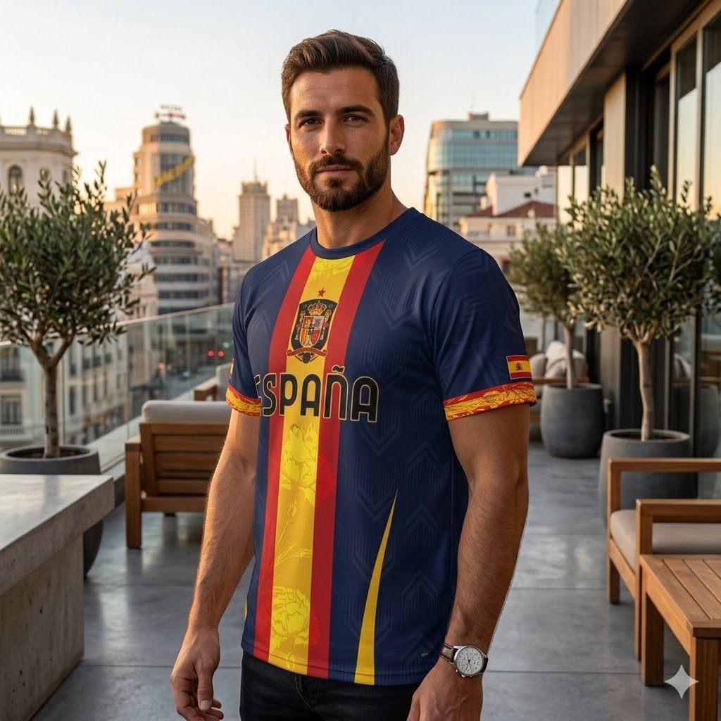 Camiseta España Premium con Diseño de Claveles y Escudo Real