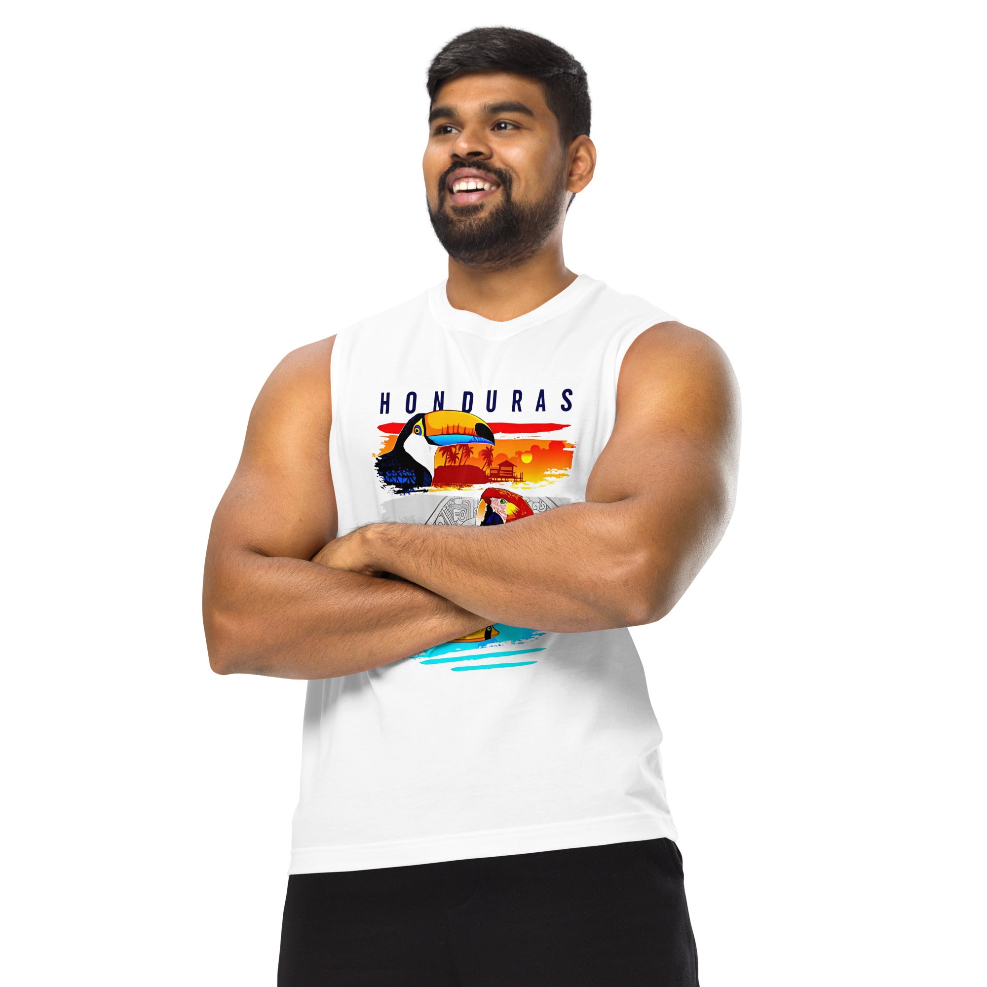 Camiseta sin mangas Honduras con diseño tropical de tucán, guacamaya y peces
