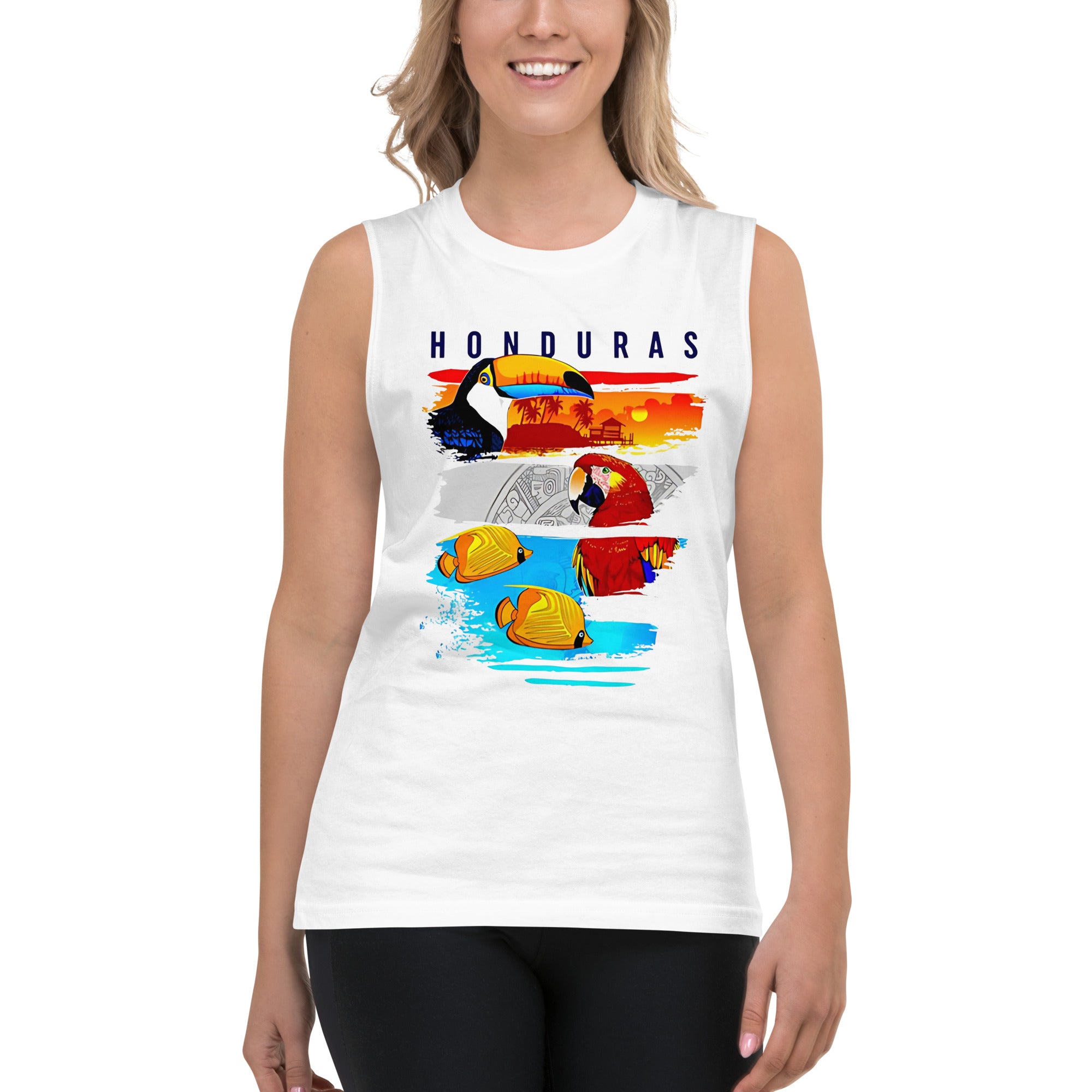 Camiseta sin mangas Honduras con diseño tropical de tucán, guacamaya y peces