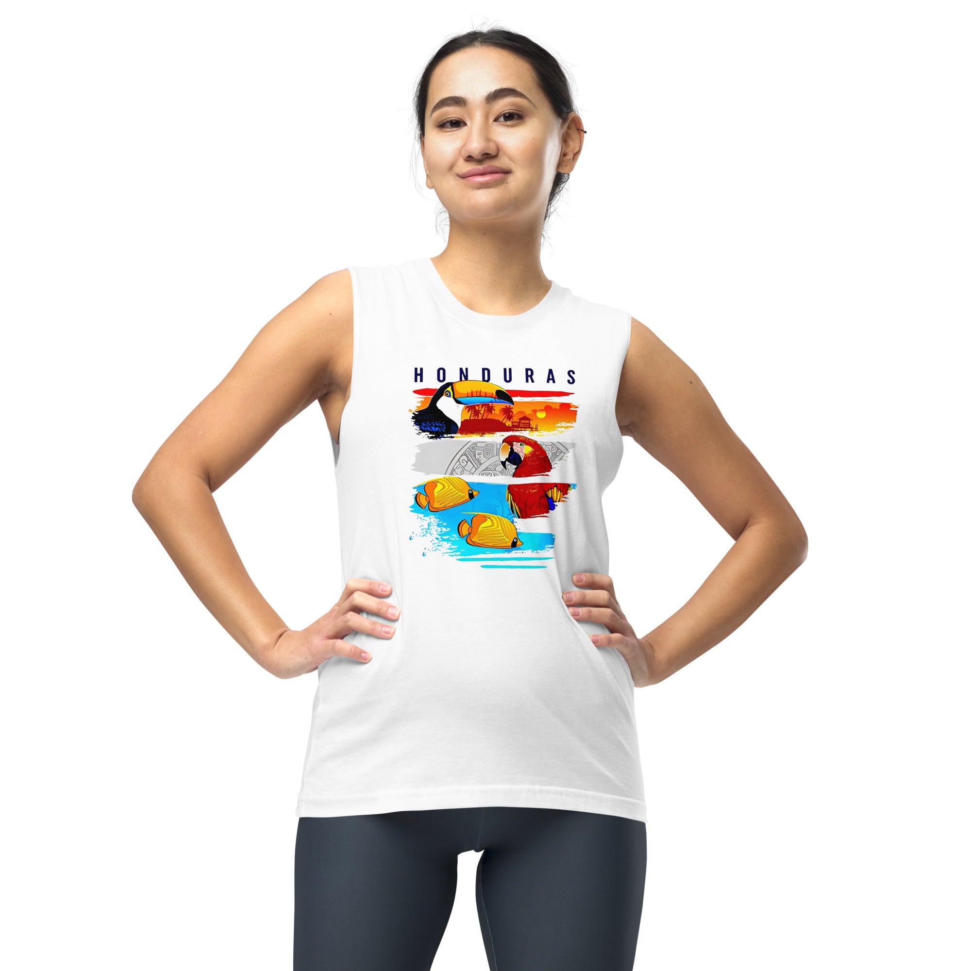 Camiseta sin mangas Honduras con diseño tropical de tucán, guacamaya y peces