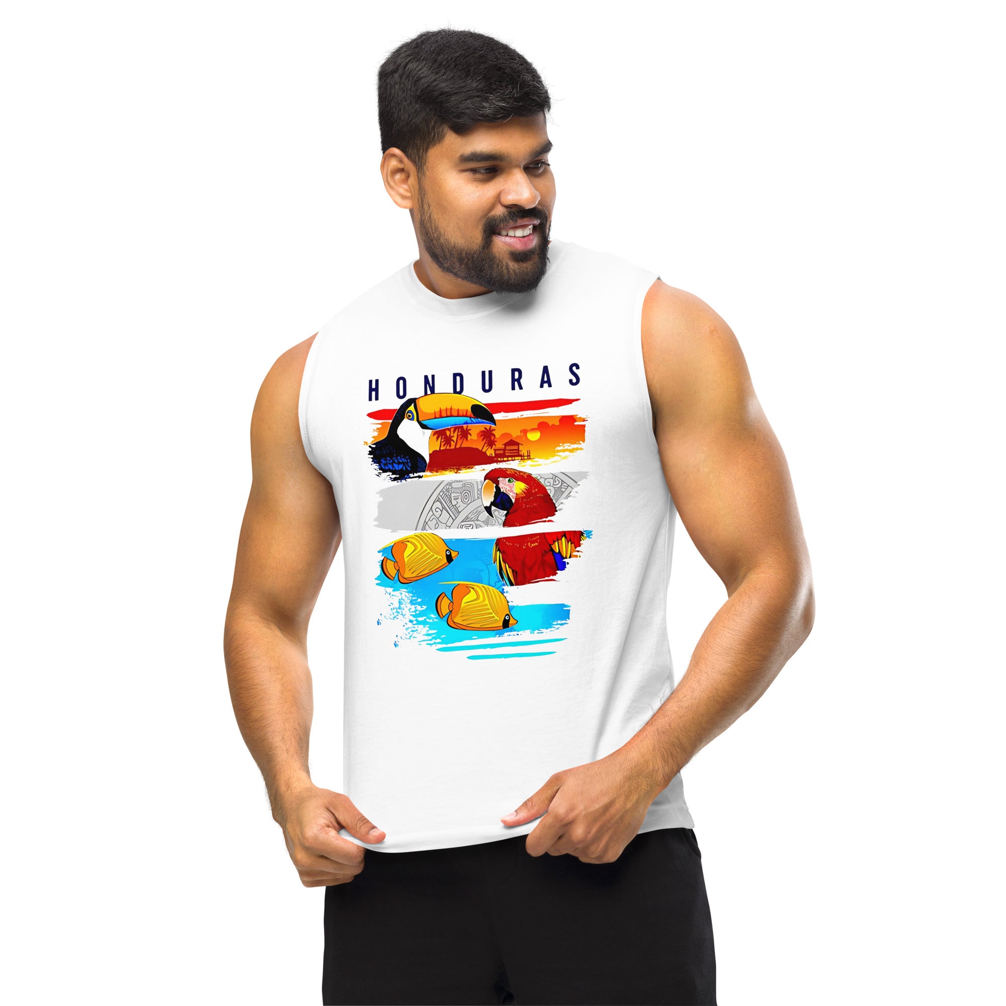 Camiseta sin mangas Honduras con diseño tropical de tucán, guacamaya y peces