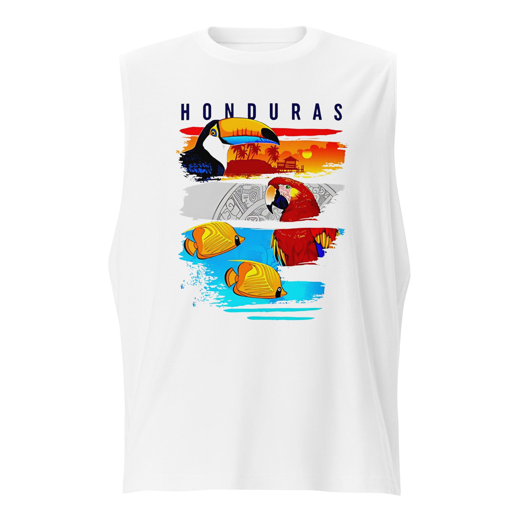 Camiseta sin mangas Honduras con diseño tropical de tucán, guacamaya y peces