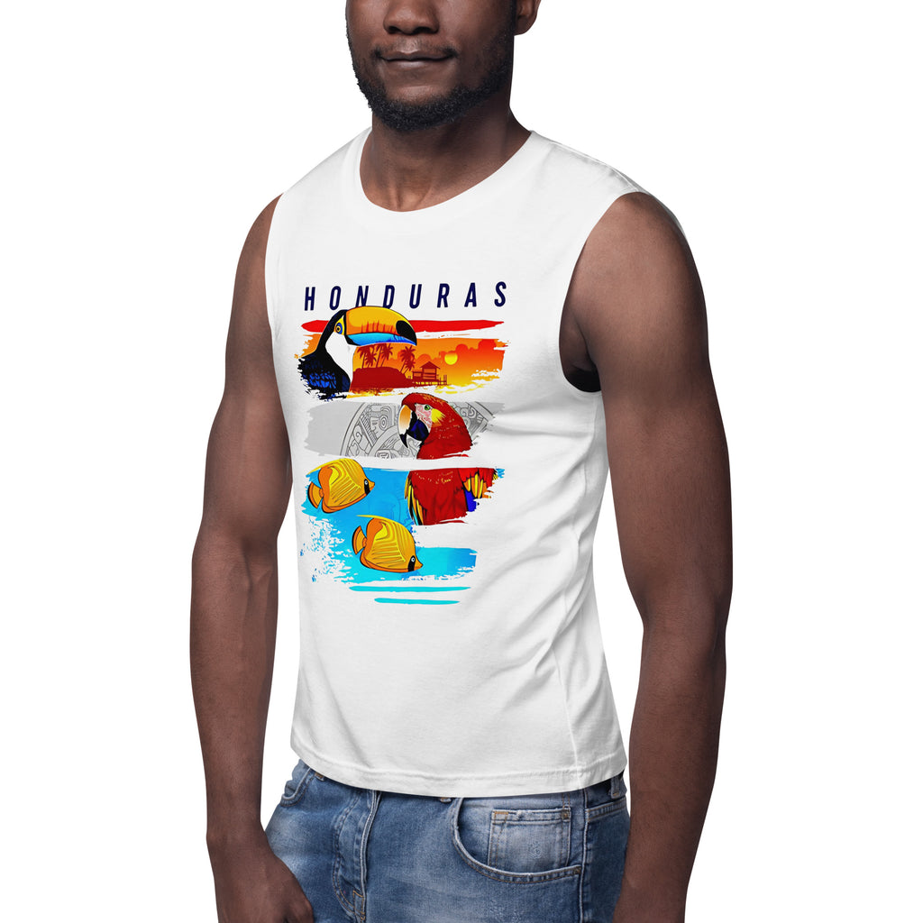 Camiseta sin mangas Honduras con diseño tropical de tucán, guacamaya y peces
