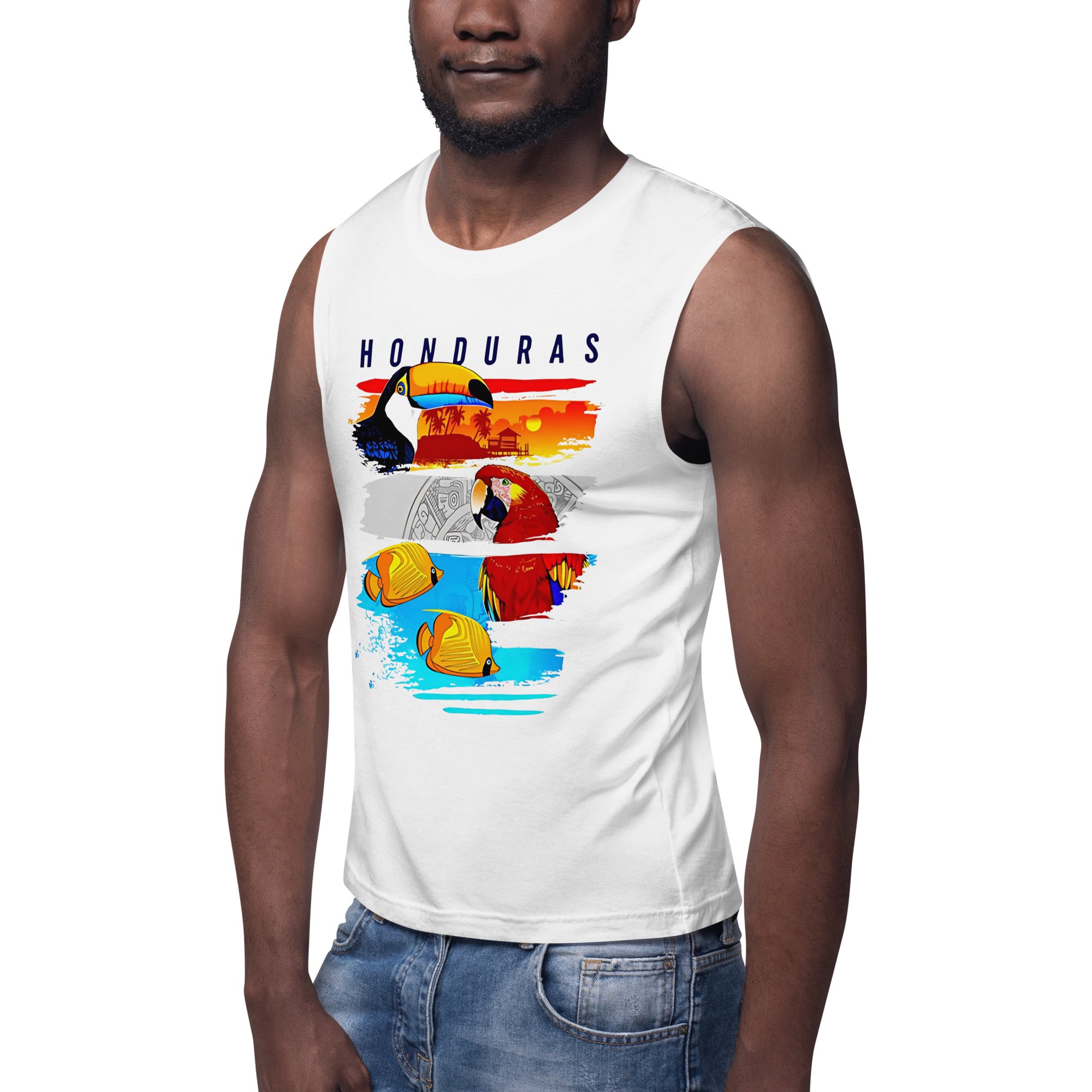 Camiseta sin mangas Honduras con diseño tropical de tucán, guacamaya y peces