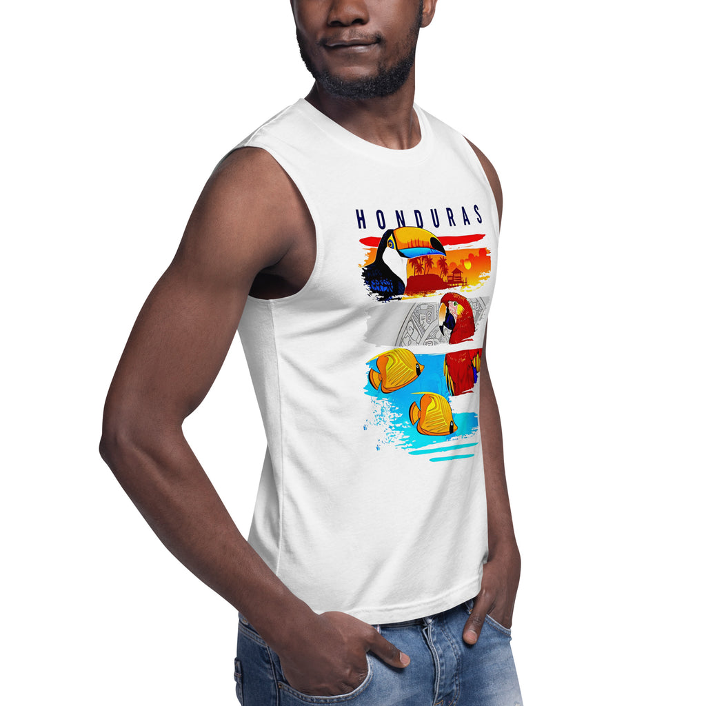 Camiseta sin mangas Honduras con diseño tropical de tucán, guacamaya y peces